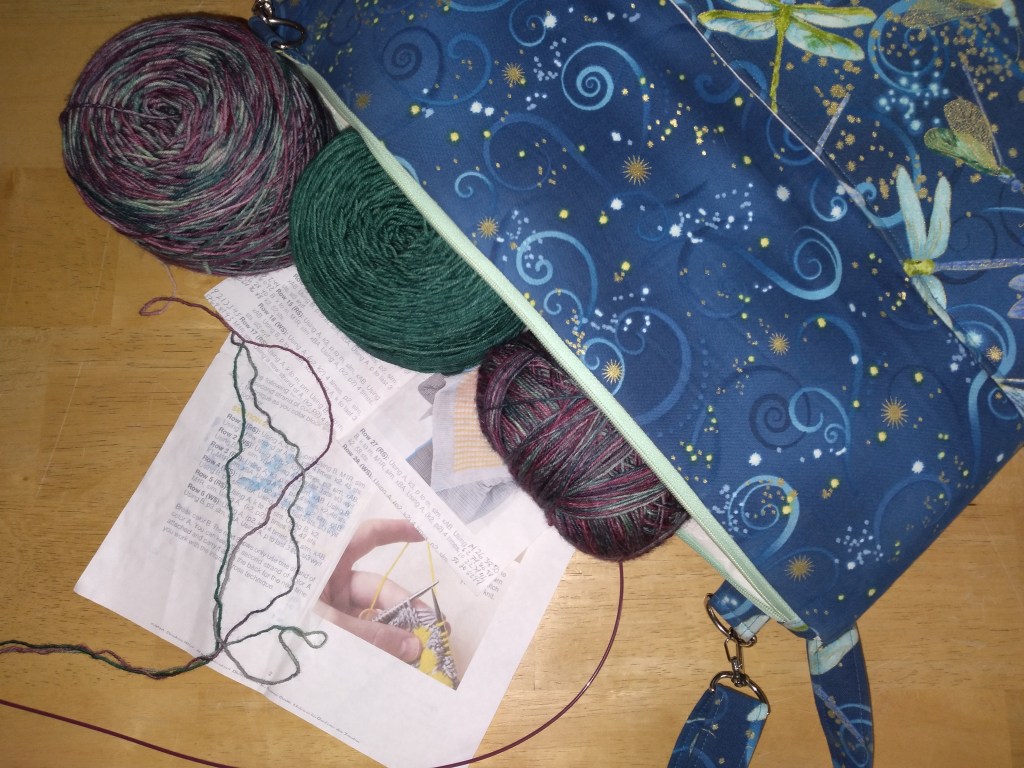 Three balls of yarn spill out of a zippered project bag, decorated with dragon flies. Water stained directions of the Bubble Shawl pattern can be seen behind the yarn tails and the cable of the needle.